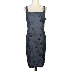 Vintage 90s CDC Black Flocked Floral Sheath Dress Goth Minimal Midi